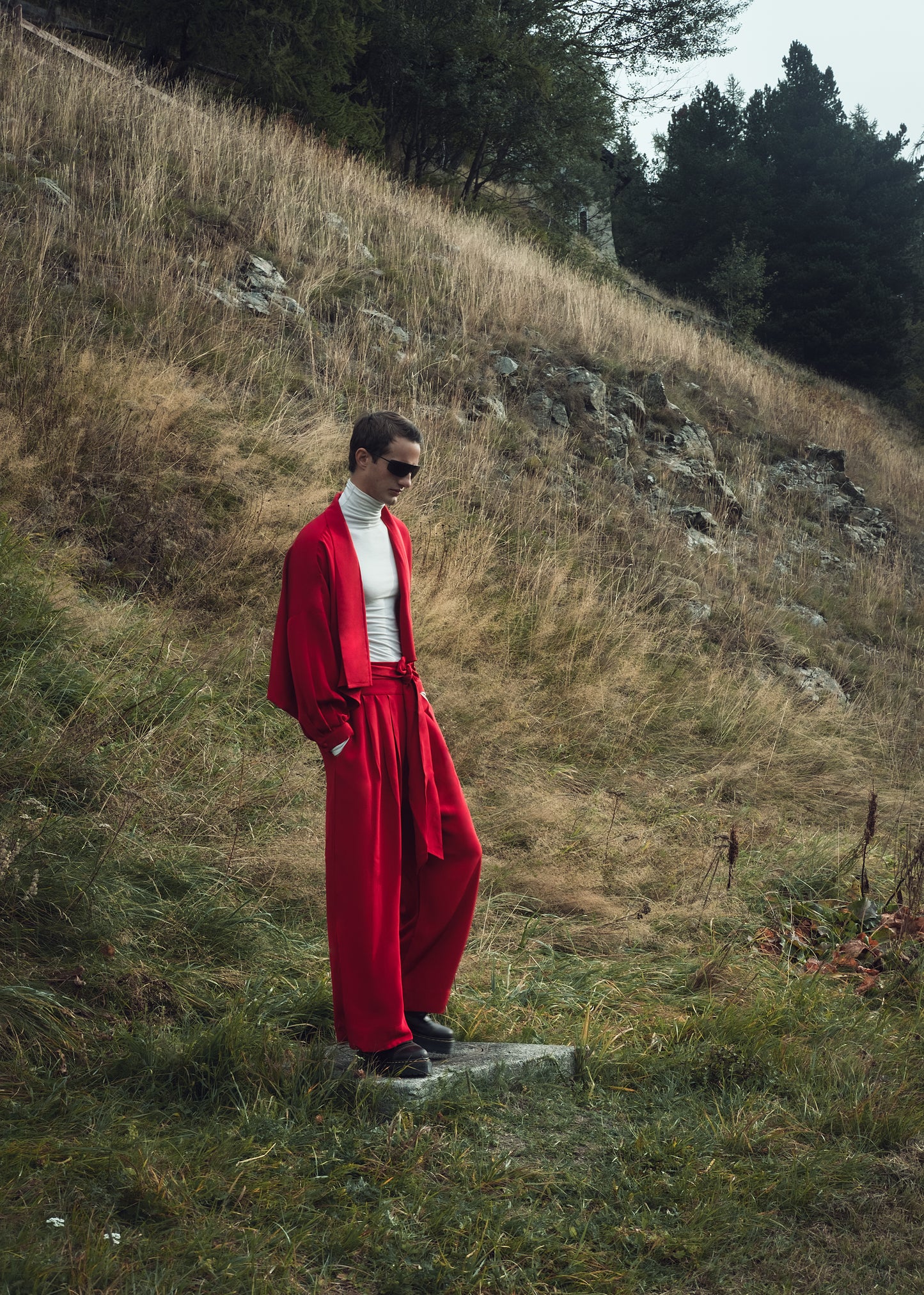 Red silk trousers