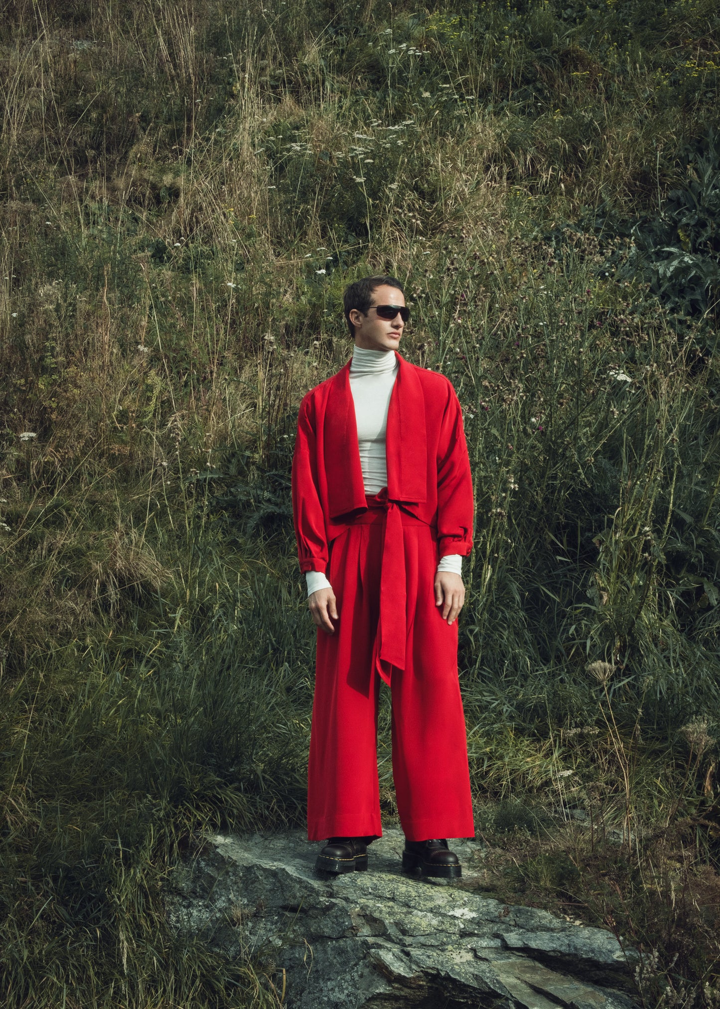 Red silk trousers
